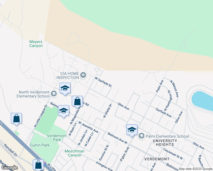 map of restaurants, bars, coffee shops, grocery stores, and more near 6923 Dinah Court in San Bernardino