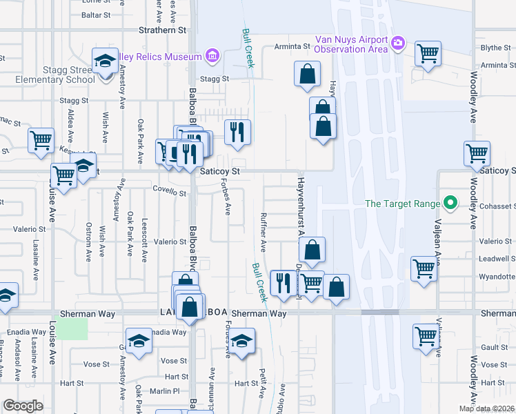 map of restaurants, bars, coffee shops, grocery stores, and more near 7437 Ruffner Avenue in Los Angeles