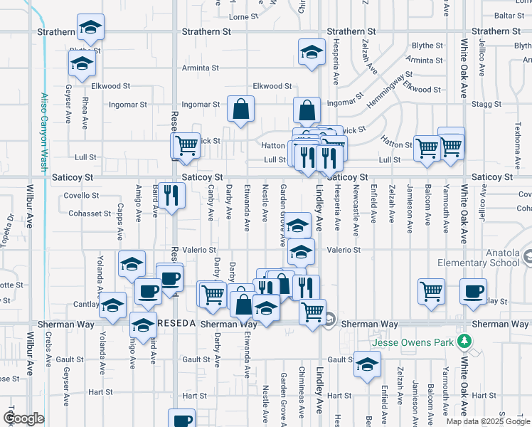 map of restaurants, bars, coffee shops, grocery stores, and more near 7447 Garden Grove Avenue in Los Angeles
