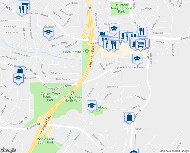 map of restaurants, bars, coffee shops, grocery stores, and more near 1694 Fremont Drive in Thousand Oaks