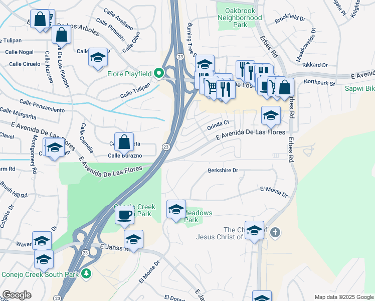 map of restaurants, bars, coffee shops, grocery stores, and more near 1694 Fremont Drive in Thousand Oaks