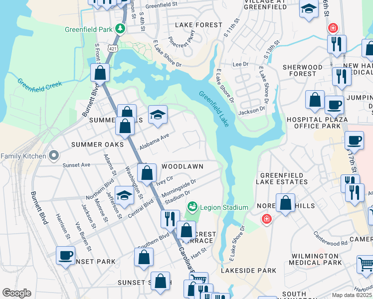 map of restaurants, bars, coffee shops, grocery stores, and more near 725 Woodlawn Avenue in Wilmington