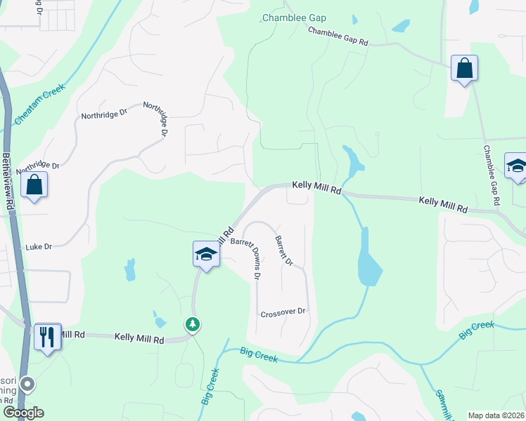 map of restaurants, bars, coffee shops, grocery stores, and more near 1840 Barrett Drive in Cumming