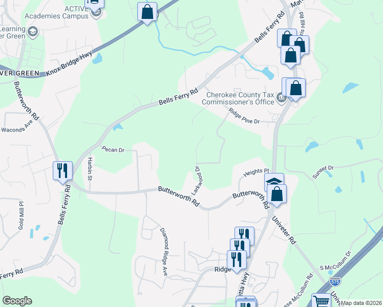 map of restaurants, bars, coffee shops, grocery stores, and more near 1501 Larkwood Drive in Canton