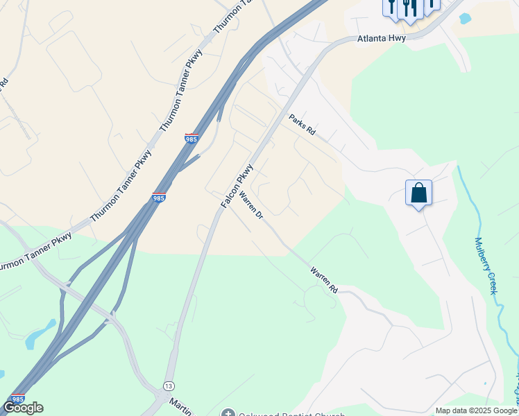 map of restaurants, bars, coffee shops, grocery stores, and more near 3992 Warren Road in Flowery Branch