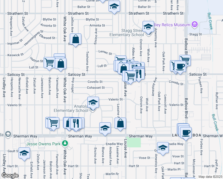 map of restaurants, bars, coffee shops, grocery stores, and more near 17402 Cohasset Street in Los Angeles