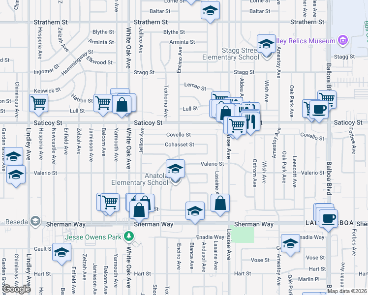 map of restaurants, bars, coffee shops, grocery stores, and more near 17460 Cohasset Street in Los Angeles