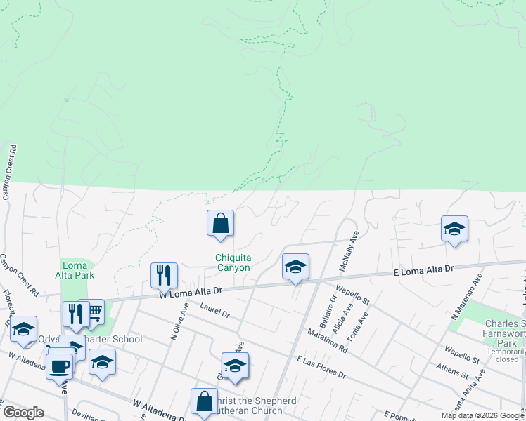 map of restaurants, bars, coffee shops, grocery stores, and more near 3771 Alzada Road in Altadena