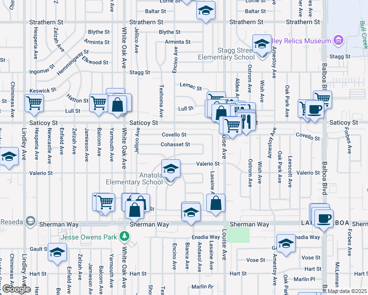 map of restaurants, bars, coffee shops, grocery stores, and more near 17446 Cohasset Street in Los Angeles