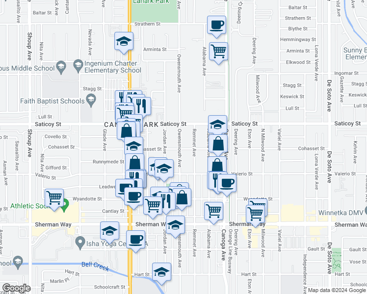 map of restaurants, bars, coffee shops, grocery stores, and more near 7500 Owensmouth Avenue in Los Angeles