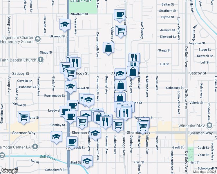 map of restaurants, bars, coffee shops, grocery stores, and more near 7502 Remmet Avenue in Los Angeles