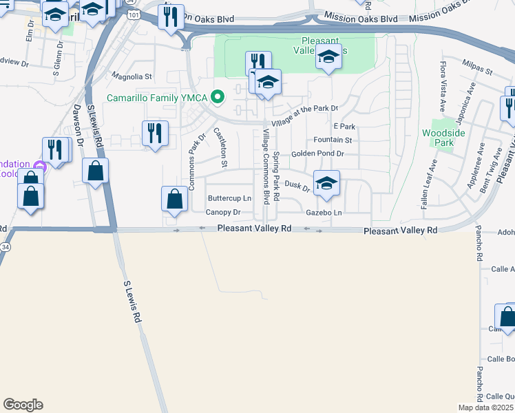 map of restaurants, bars, coffee shops, grocery stores, and more near 532 Town Forest Court in Camarillo
