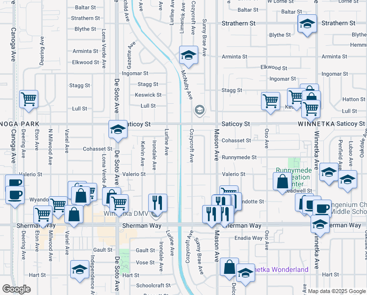 map of restaurants, bars, coffee shops, grocery stores, and more near 20619 Cohasset Street in Los Angeles