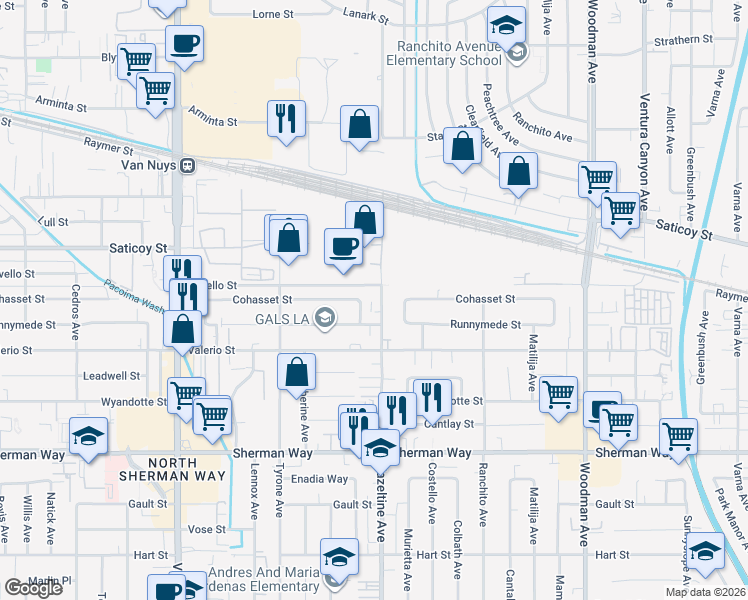 map of restaurants, bars, coffee shops, grocery stores, and more near 7461 Hazeltine Avenue in Los Angeles