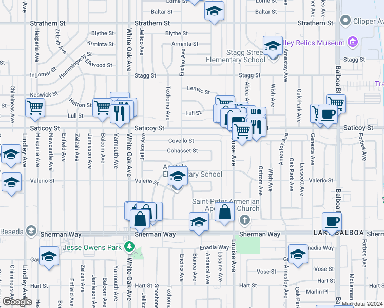 map of restaurants, bars, coffee shops, grocery stores, and more near 17446 Cohasset Street in Los Angeles