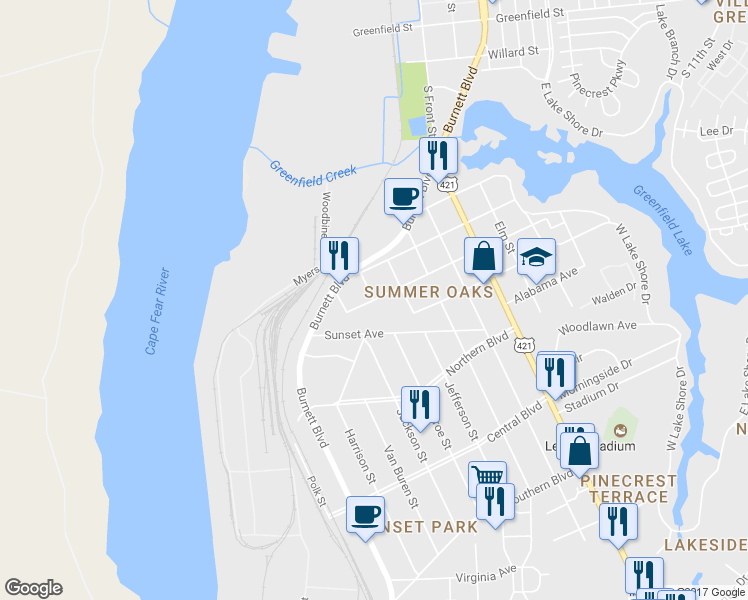 map of restaurants, bars, coffee shops, grocery stores, and more near 110 North Carolina Avenue in Wilmington