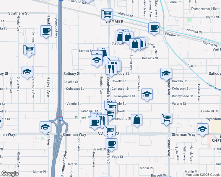 map of restaurants, bars, coffee shops, grocery stores, and more near 7507 North Sepulveda Boulevard in Los Angeles
