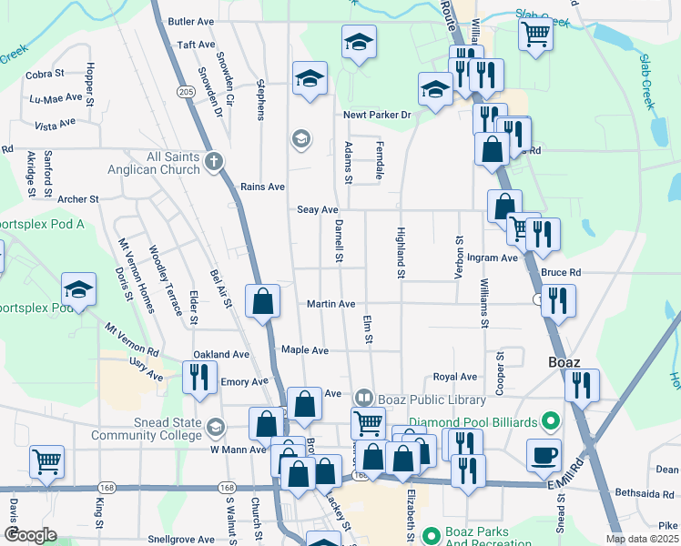 map of restaurants, bars, coffee shops, grocery stores, and more near Darnell Street in Boaz