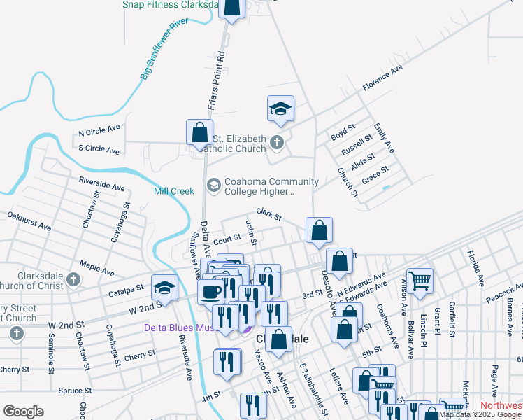 map of restaurants, bars, coffee shops, grocery stores, and more near Clark Street in Clarksdale