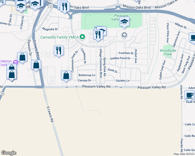map of restaurants, bars, coffee shops, grocery stores, and more near 532 Town Forest Court in Camarillo