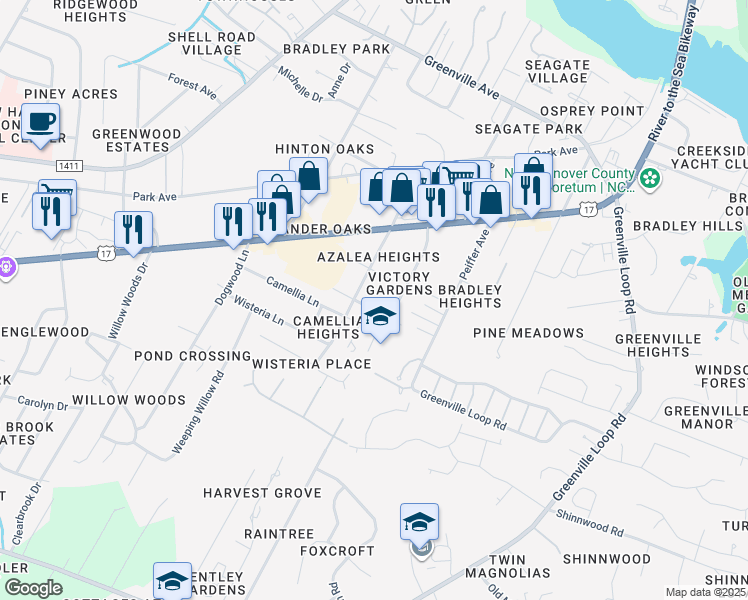 map of restaurants, bars, coffee shops, grocery stores, and more near 5807 Verbenia Drive in Wilmington
