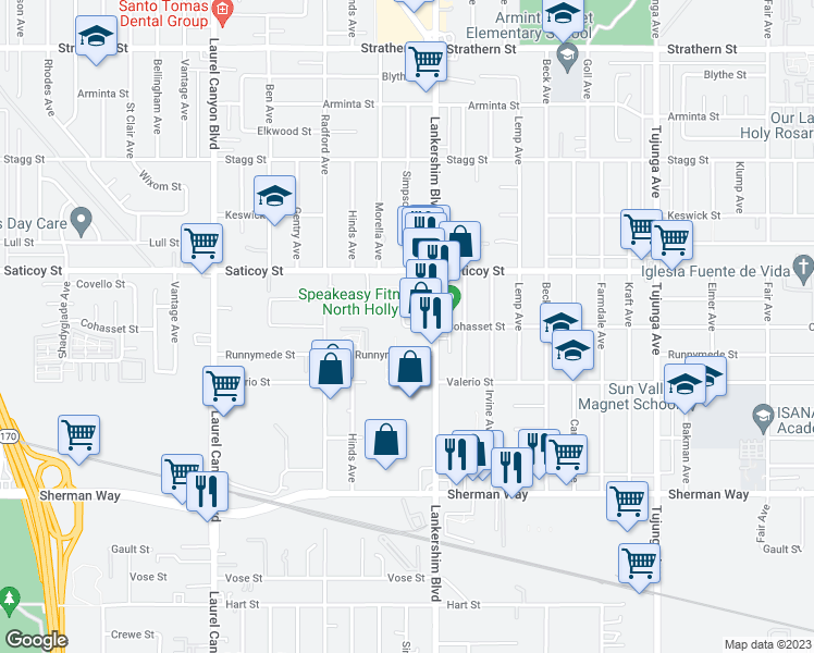 map of restaurants, bars, coffee shops, grocery stores, and more near Simpson Avenue in Los Angeles