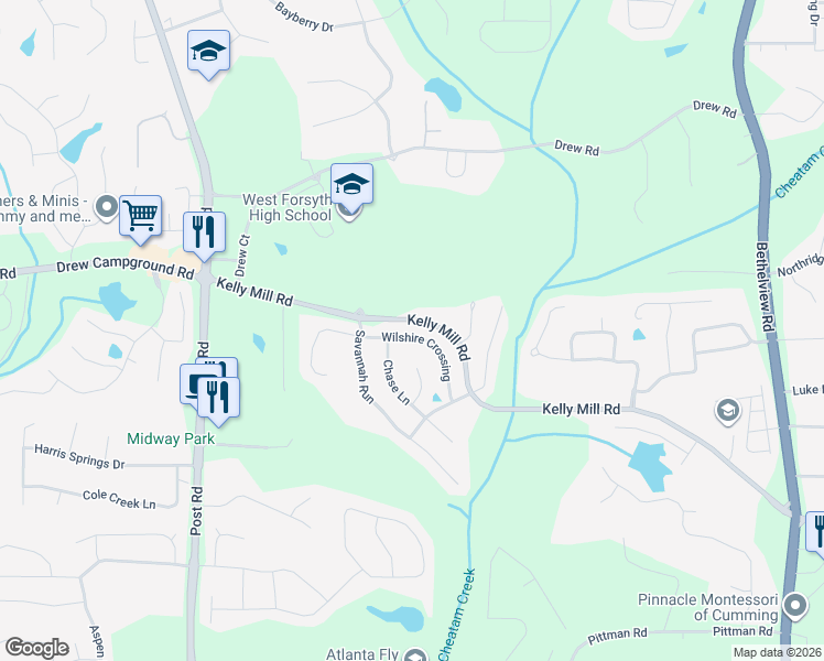 map of restaurants, bars, coffee shops, grocery stores, and more near 4945 Wilshire Crossing in Cumming