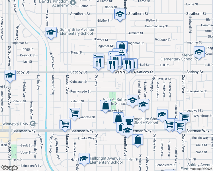map of restaurants, bars, coffee shops, grocery stores, and more near 20158 Cohasset Street in Los Angeles