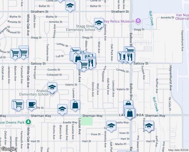 map of restaurants, bars, coffee shops, grocery stores, and more near 7438 Ostrom Avenue in Los Angeles
