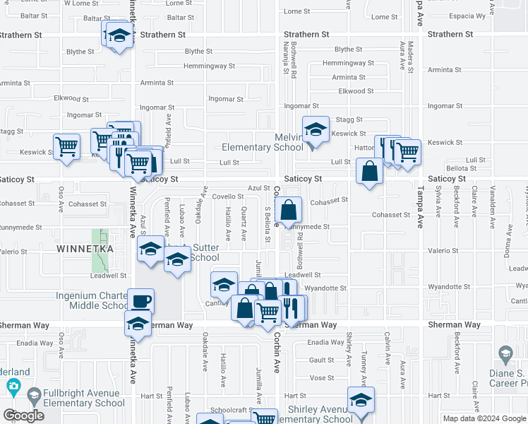 map of restaurants, bars, coffee shops, grocery stores, and more near 7518 Jumilla Avenue in Los Angeles