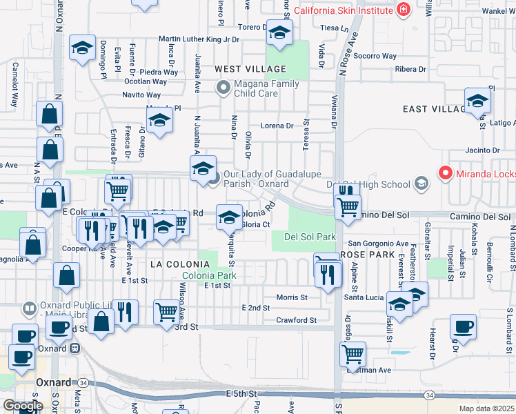 map of restaurants, bars, coffee shops, grocery stores, and more near 511 Higuera Drive in Oxnard