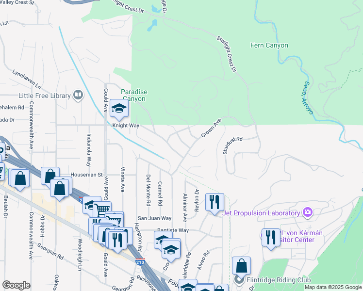 map of restaurants, bars, coffee shops, grocery stores, and more near 316 Mellow Lane in La Cañada Flintridge
