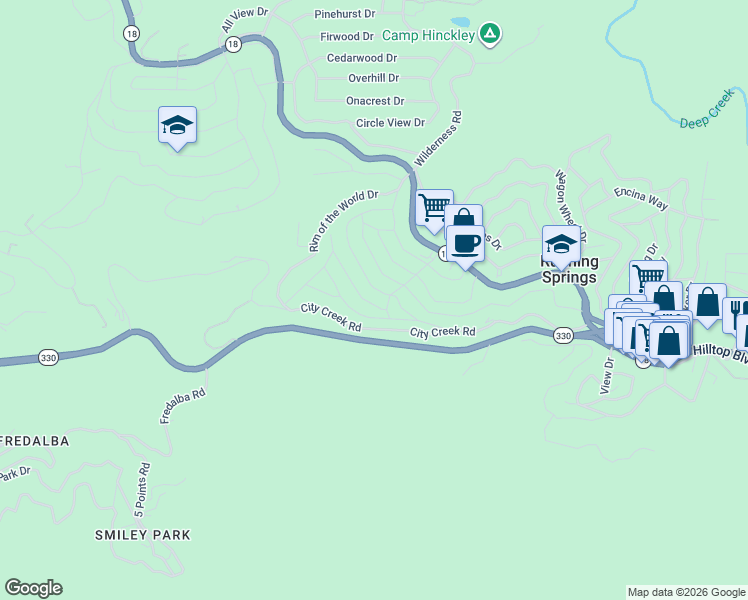 map of restaurants, bars, coffee shops, grocery stores, and more near 31426 Lightfoot Way in Running Springs