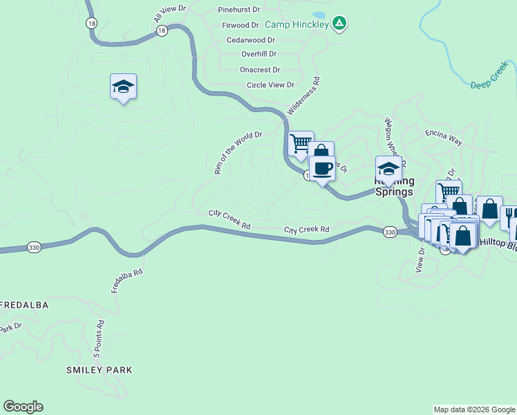 map of restaurants, bars, coffee shops, grocery stores, and more near 31426 Lightfoot Way in Running Springs