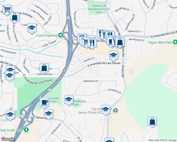 map of restaurants, bars, coffee shops, grocery stores, and more near 1781 Aleppo Court in Thousand Oaks