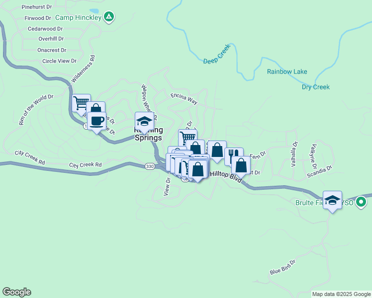 map of restaurants, bars, coffee shops, grocery stores, and more near 2568 Spring Drive in Running Springs
