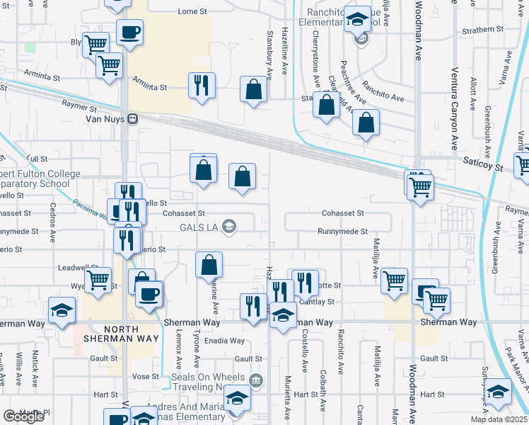 map of restaurants, bars, coffee shops, grocery stores, and more near 7432 Hazeltine Avenue in Los Angeles