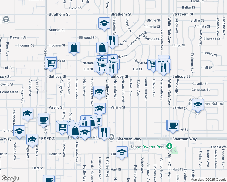 map of restaurants, bars, coffee shops, grocery stores, and more near 7442 Lindley Avenue in Los Angeles