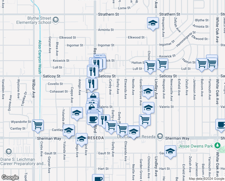 map of restaurants, bars, coffee shops, grocery stores, and more near 7441 Darby Avenue in Los Angeles