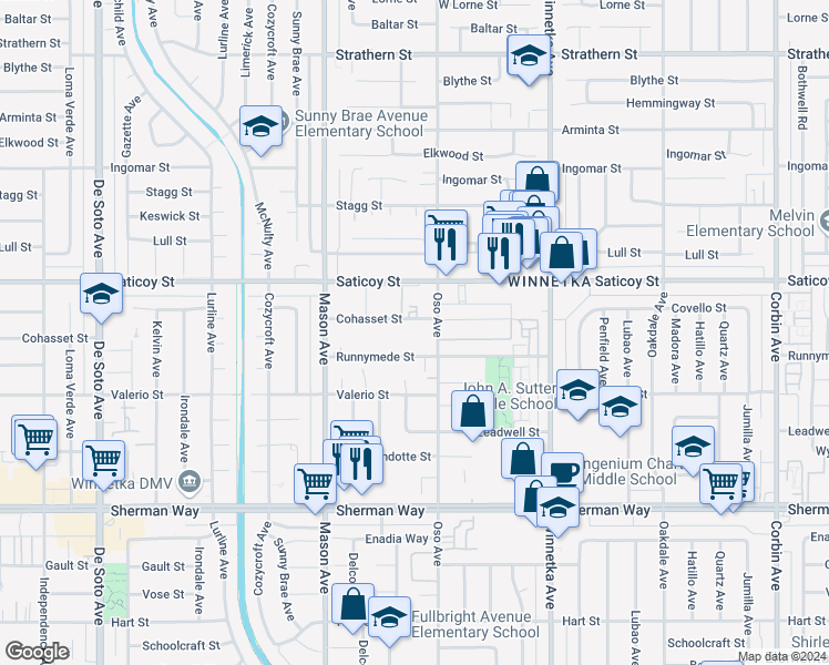 map of restaurants, bars, coffee shops, grocery stores, and more near 20325 Runnymede Street in Los Angeles