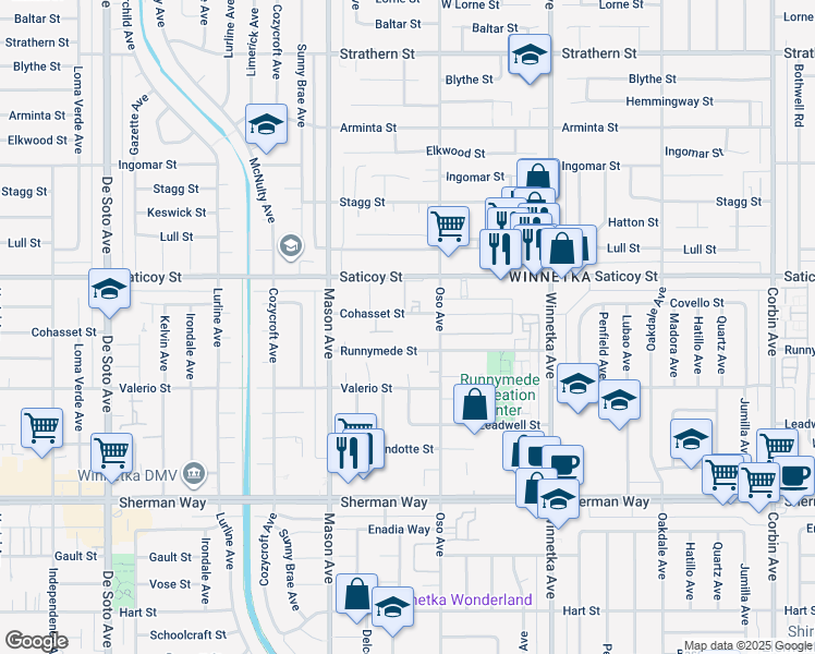 map of restaurants, bars, coffee shops, grocery stores, and more near 20325 Runnymede Street in Los Angeles
