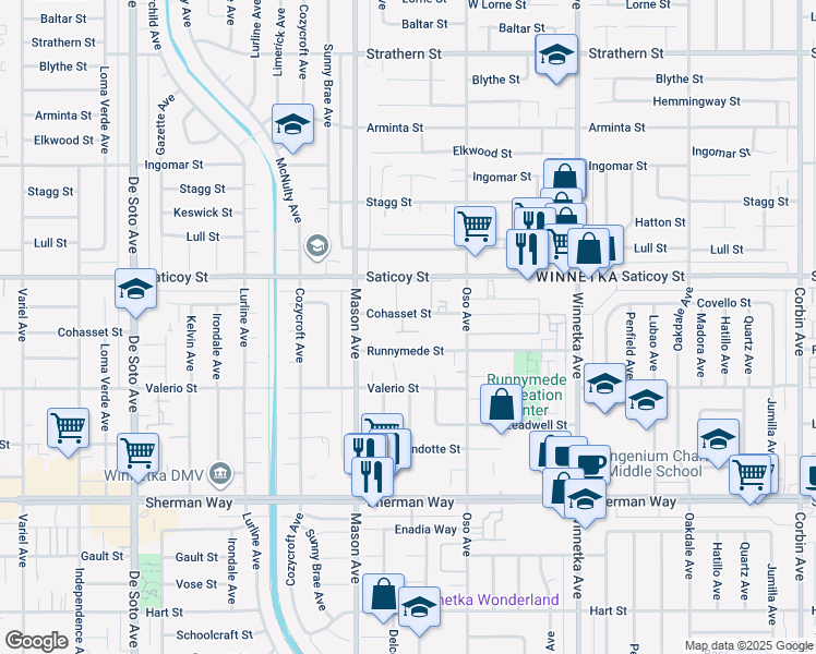 map of restaurants, bars, coffee shops, grocery stores, and more near 20407 Runnymede Street in Los Angeles