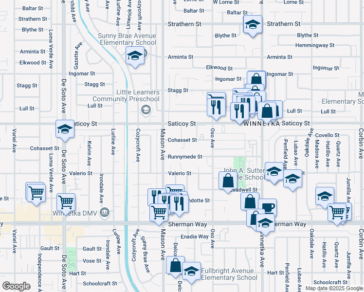 map of restaurants, bars, coffee shops, grocery stores, and more near 20407 Runnymede Street in Los Angeles