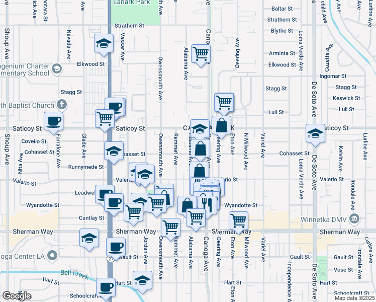 map of restaurants, bars, coffee shops, grocery stores, and more near 7449 Alabama Avenue in Los Angeles