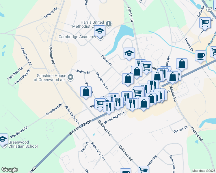 map of restaurants, bars, coffee shops, grocery stores, and more near 141 Country Village Court in Greenwood