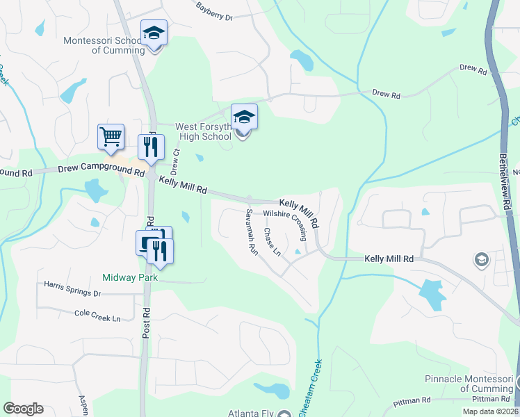 map of restaurants, bars, coffee shops, grocery stores, and more near 5030 Wilshire Crossing in Cumming