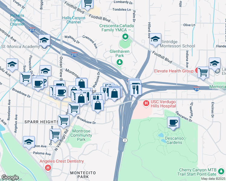 map of restaurants, bars, coffee shops, grocery stores, and more near 1964 Hilldale Drive in La Cañada Flintridge