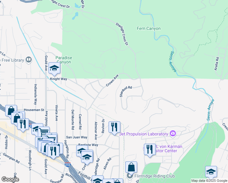map of restaurants, bars, coffee shops, grocery stores, and more near 5543 Stardust Road in La Cañada Flintridge