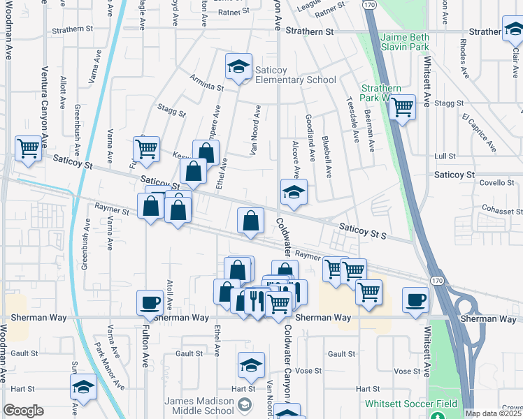 map of restaurants, bars, coffee shops, grocery stores, and more near 12926 Saticoy St in Los Angeles