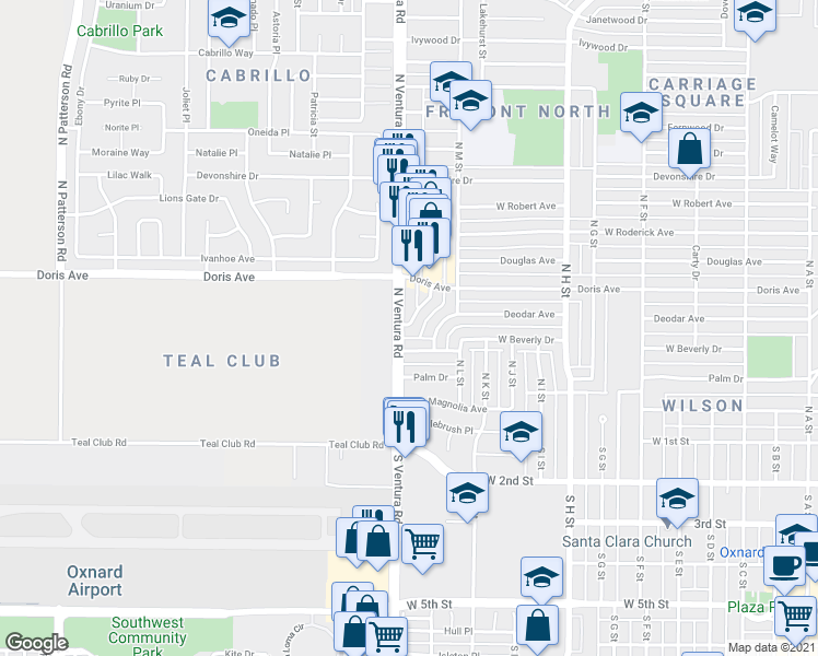 map of restaurants, bars, coffee shops, grocery stores, and more near 446 North F Street in Oxnard